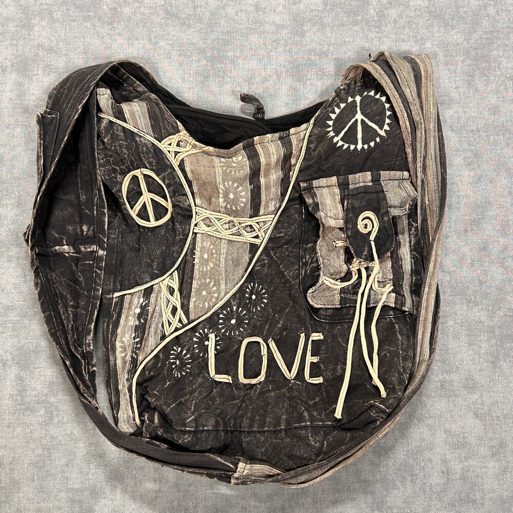 Vintage Y2K 2000s Payless Nepal Hippie Peace Love Messenger Shoulder Bag Black
